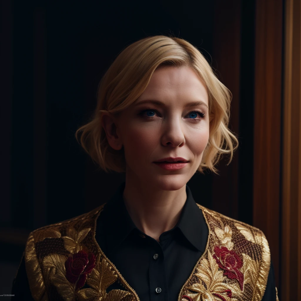 Best_QualityPos, RAW photo, intricate details, best quality, 8k uhd, soft lighting, 1girl, solo, cate blanchett, blue eyes, blonde hair, short hair, black collared shirt <lora:Cate_Blanchett:0.7> <lora:exposure_control_v10:-0.5>