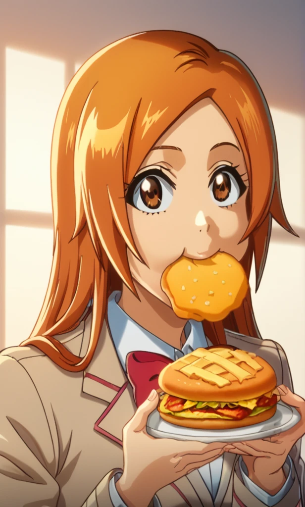 score_9, score_8_up, score_7_up, ,source_anime,BREAK,overalldetail,eyedetail,detailed face,
BleachTYBW,orihime,score_9,, 1girl, eating, food, solo, school uniform, bow, orange hair, brown eyes, long hair,  long and slim cheese, jacket, holding, bowtie, looking at viewer,sunset ligths,natural lights,shadows
 <lora:bleach_tybw_pony:0.8>