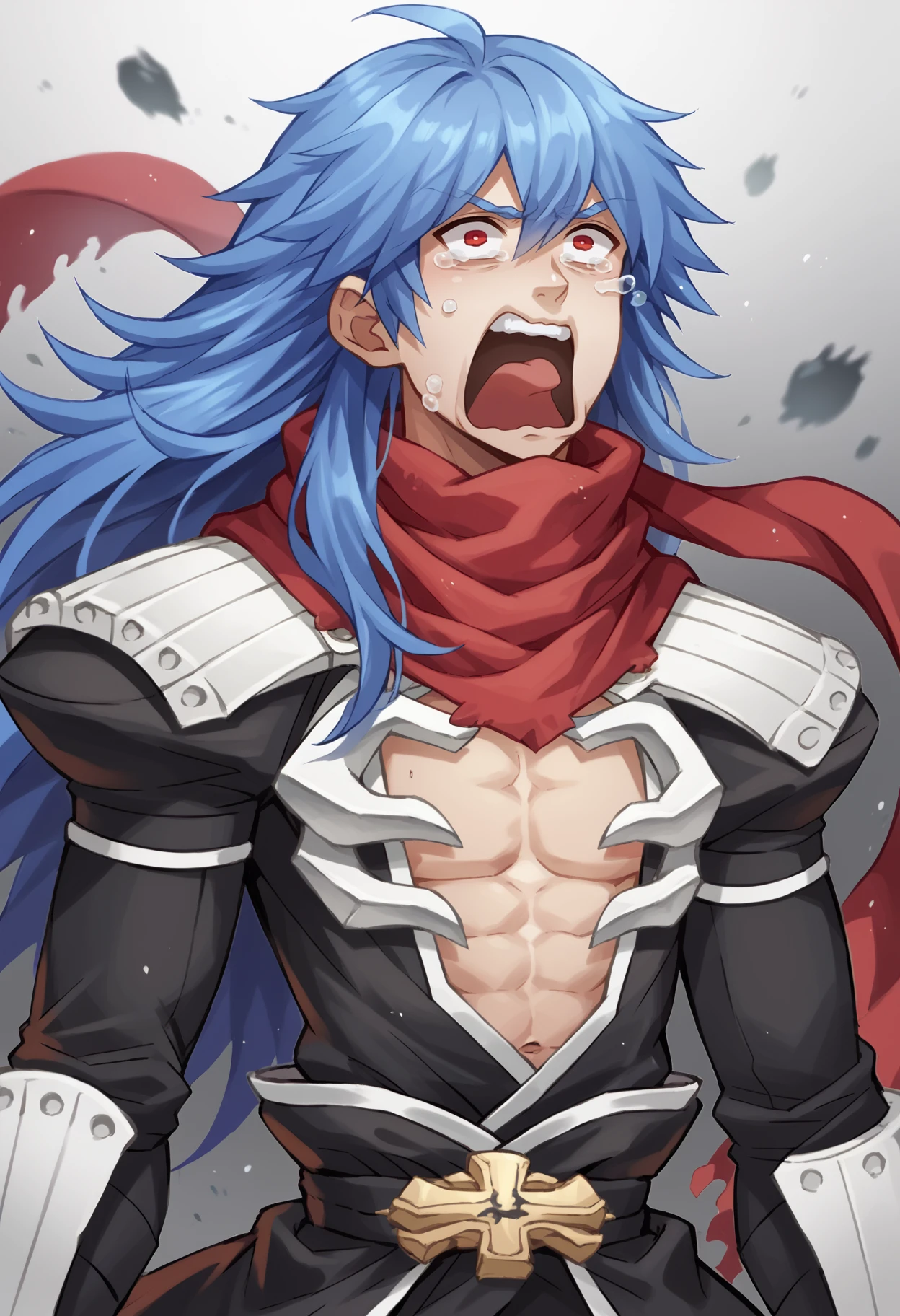 score_9, score_8_up, score_7_up,  assassincross-ro, 1boy, solo,   <lora:AssassinCross-PDXL-RO:1>, scarf, shoulder armor,  red scarf, open shirt, gauntlets, vambraces, red eyes, long hair, blue hair, black clothes,  white armor,  aquascreaming, screaming, open mouth, crying with eyes open <lora:concept_aquascreaming_ponyXL:1>, upper body