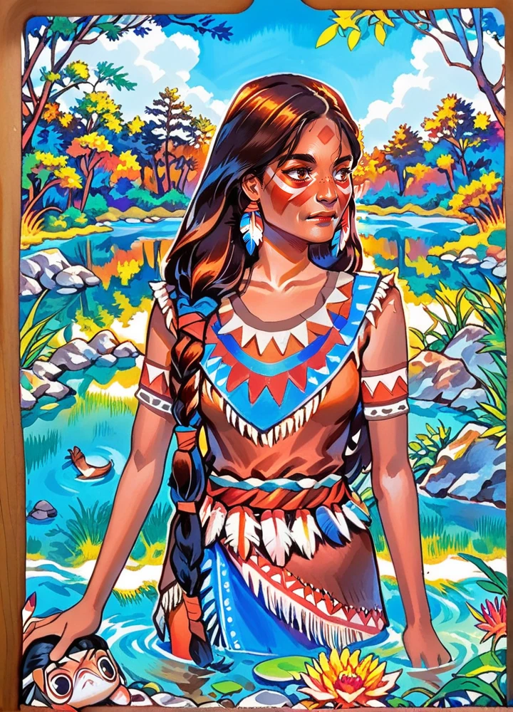 score_9, score_8_up, score_7_up, riangonzales, 1girl, native american, traditional native american dress, feathers, long hair, dark brown skin, face paint, river, nature,  <lora:Rian_Gonzales_PDXL:1>