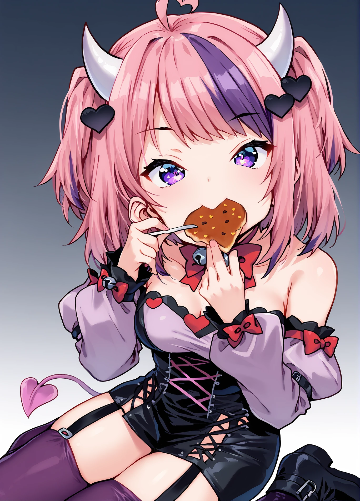 score_9, score_8_up, score_7_up, score_6_up, a girl (eating tacos:1.2), fake mustache, smug, medium breasts,
<lora:ponsuke_style_pony6_v1-000022:1.2> <lora:ironmouse-ponyxl-lora-nochekaiser:0.6> ironmouse, ahoge, medium hair, multicolored hair, pink hair, purple eyes, purple hair, sidelocks, streaked hair, swept bangs, two side up, two-tone hair, hair ornament, heart, heart ahoge, heart hair ornament,, bare shoulders, bell, boots, bow, bowtie, buckle, chain, collarbone, cross-laced clothes, cross-laced skirt, cross-laced slit, demon girl, demon horns, demon tail, detached sleeves, garter straps, horns, kneehighs, neck bell, off shoulder, puffy detached sleeves, puffy sleeves, purple legwear, red bow, red bowtie, skirt, tail, thigh strap, thighhighs,
