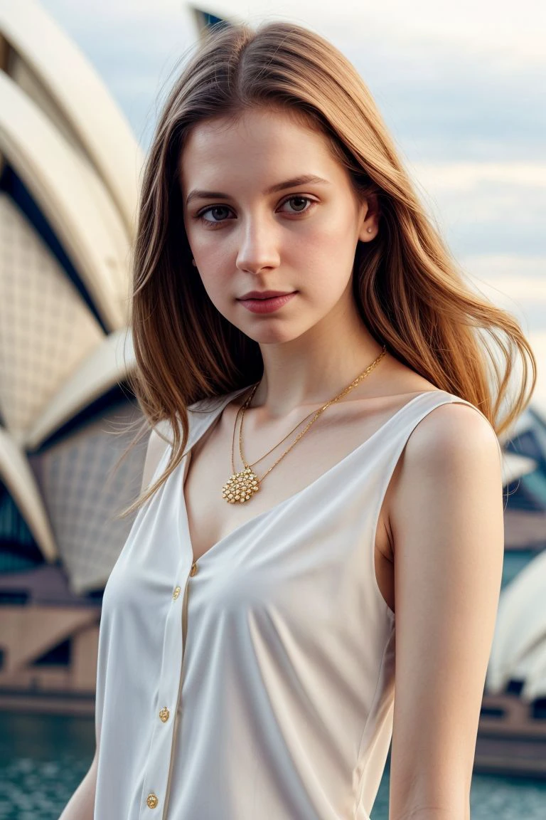 European woman, closeup, (shirt), pants, (sydney opera house), gold necklace , ZM_berta, wide shoulders, perfect face, (contact iris: 1.1), pale skin, skin pores , depth of field