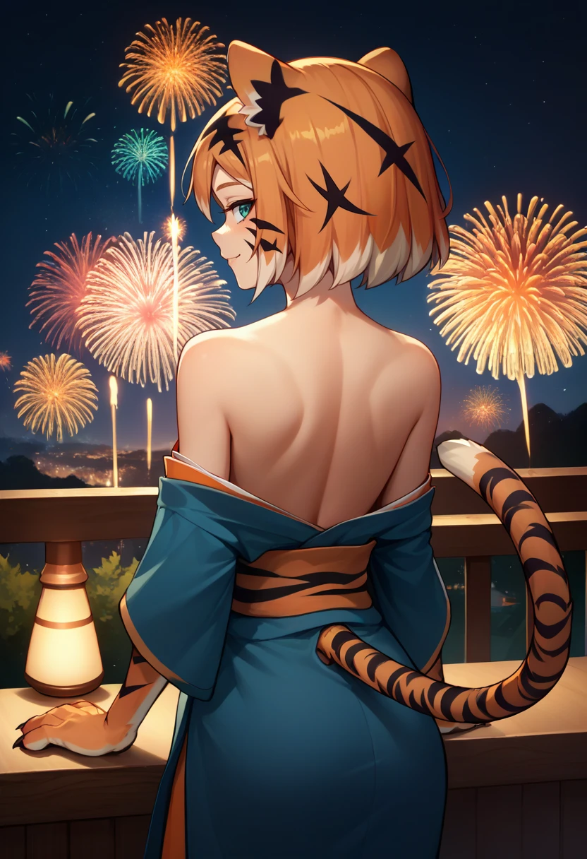 score_9, score_8_up, score_7_up, source_anime, from behind, solo, 1girl, valerie, tiger girl, orange fur, tiger stripes, facial mark, animal hands, slight smile, looking back, animal ears, blue kimono, off shoulder, tiger tail, bare shoulders, fireworks <lora:orcmassage_valerie_ponyXL:1>