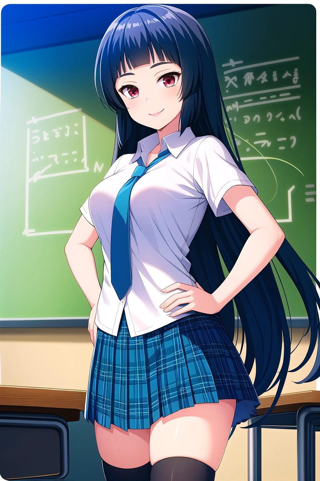 (masterpiece, best quality), highly detailed background, perfect lightingbest quality, kurokawanagiko, solo, indoors, classroom, dark blue hair, blunt bangs, very long hair, red eyes, medium breasts, blue necktie, white shirt, short sleeves, hands on hips, blue skirt, plaid skirt, black thighhighs, school uniform, smile, closed mouth, :), pink lips, <lora:Kurokawa-Nagiko:0.7>