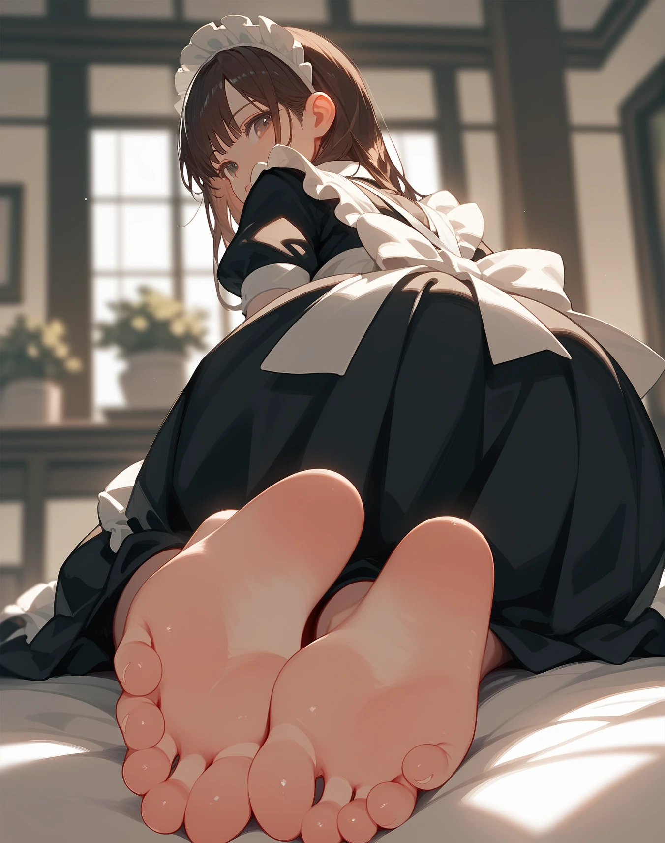 (score_9,score_8_up,score_7_up,),1girl,solo,maid,maid headdress,looking at viewer,apron,brown hair,indoors,black hair,bare foot,feet focus,two feet,from behind,depth of field,