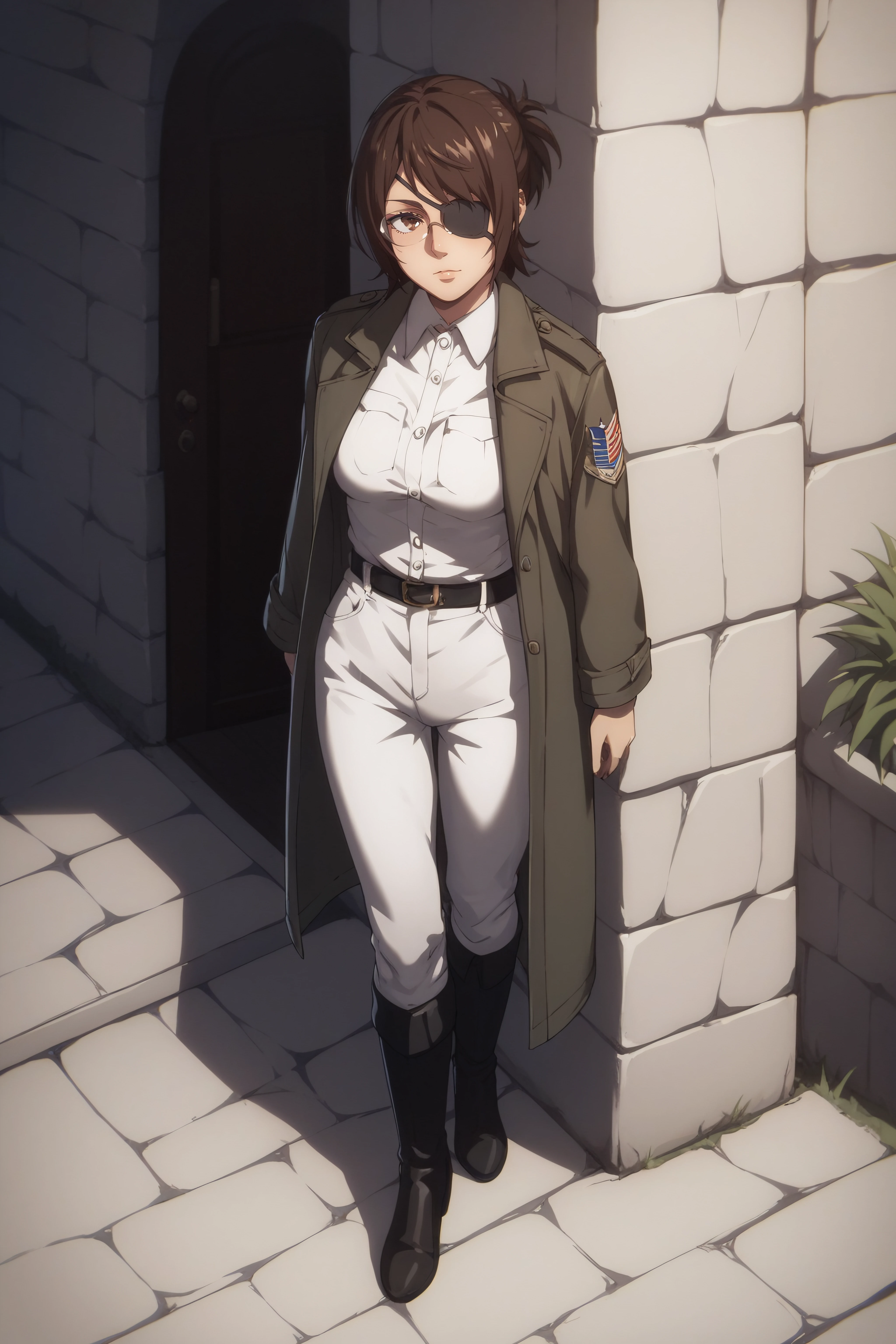 score_9, score_8_up, score_7_up, BREAK source_anime, <lora:hange zoë-PonyXL-lora-Faxtron:0.8> hange, glasses, brown eyes, dark brown hair, medium breasts, eye patch, military overcoat, survey corps \(emblem\), white shirt, white pants, knee boots, standing,