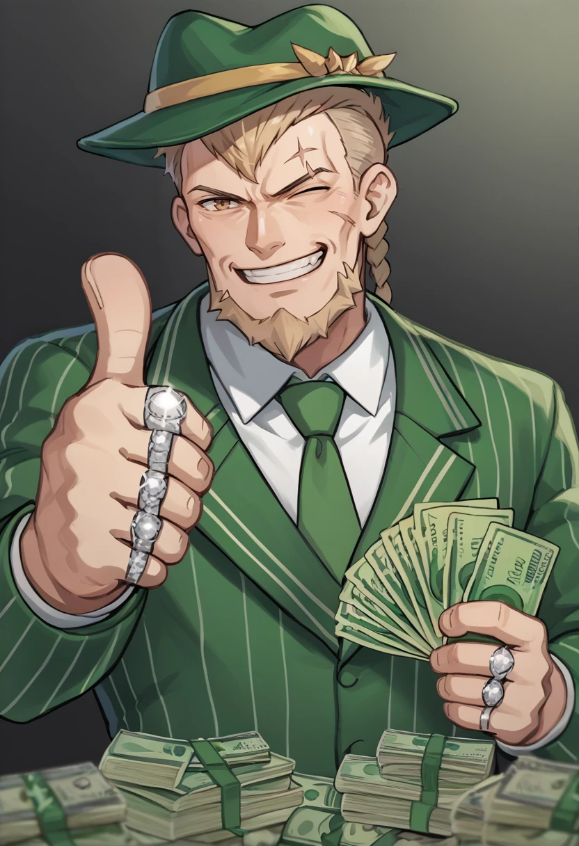 score_9, score_8_up, score_7_up, source_anime, 1boy, solo, BREAK <lora:gangstersb-guy-PONYv1:1> gangstersb, thumbs up, one eye closed, grin, smile, money, holding money, portrait, cropped torso, ring, formal, hat, green headwear, necktie, suit, striped, looking at viewer, <lora:JeraltFE-pdxl:1.0> jeraltFE, short hair, undercut, braid, beard, scar on face