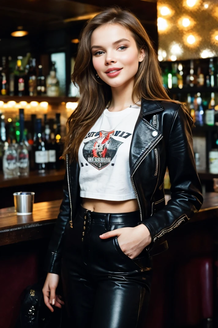 professional photo of  tv_Yulia_Polyachikhina_M, ,  , hard expression, wearing biker boots, wearing detailed leather pants, wearing a band t-shirt, wearing a leather jacket, standing at the bar in a biker bar, shot from the side,, 8k resolution, highres, high detail, sharp focus, detailed skin,  8k uhd, bokeh, analog photography