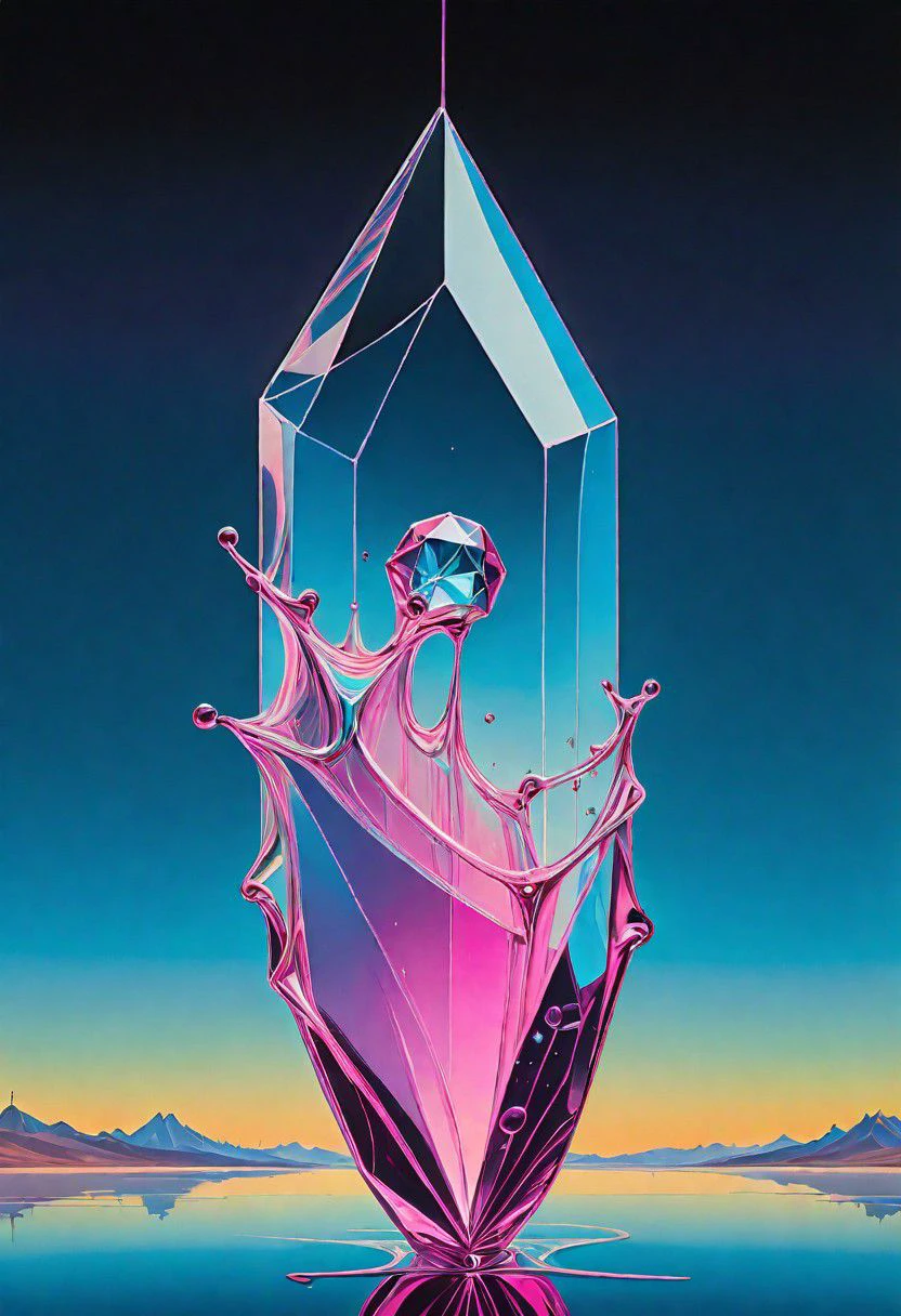 a detailed painting of a transparent neon crystal by Salvador Dal. smooth, solid, clean brushstrokes, high quality, cosmic eclipse. flowing, beautiful, surreal, unbelievable, prolific, fine detail, uhd 8k