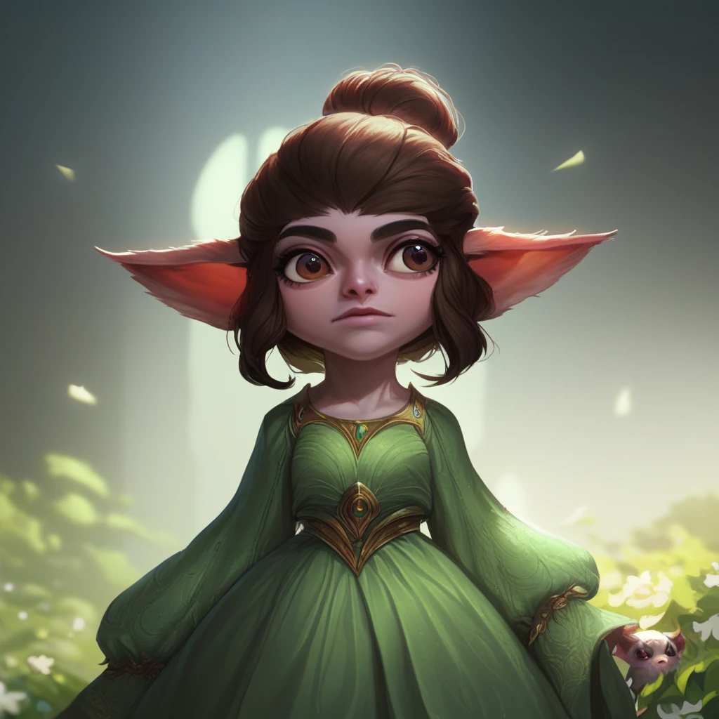 (((beautiful, hyper realistic, high quality))), portrait, score_9, score_8_up, score_7_up, Yordle, short stature, big pointed ears, 1girl, 1 girl, brown hair, bob hairstyle, gray wool, brown eyes, green dress, fantasy background, blurred background