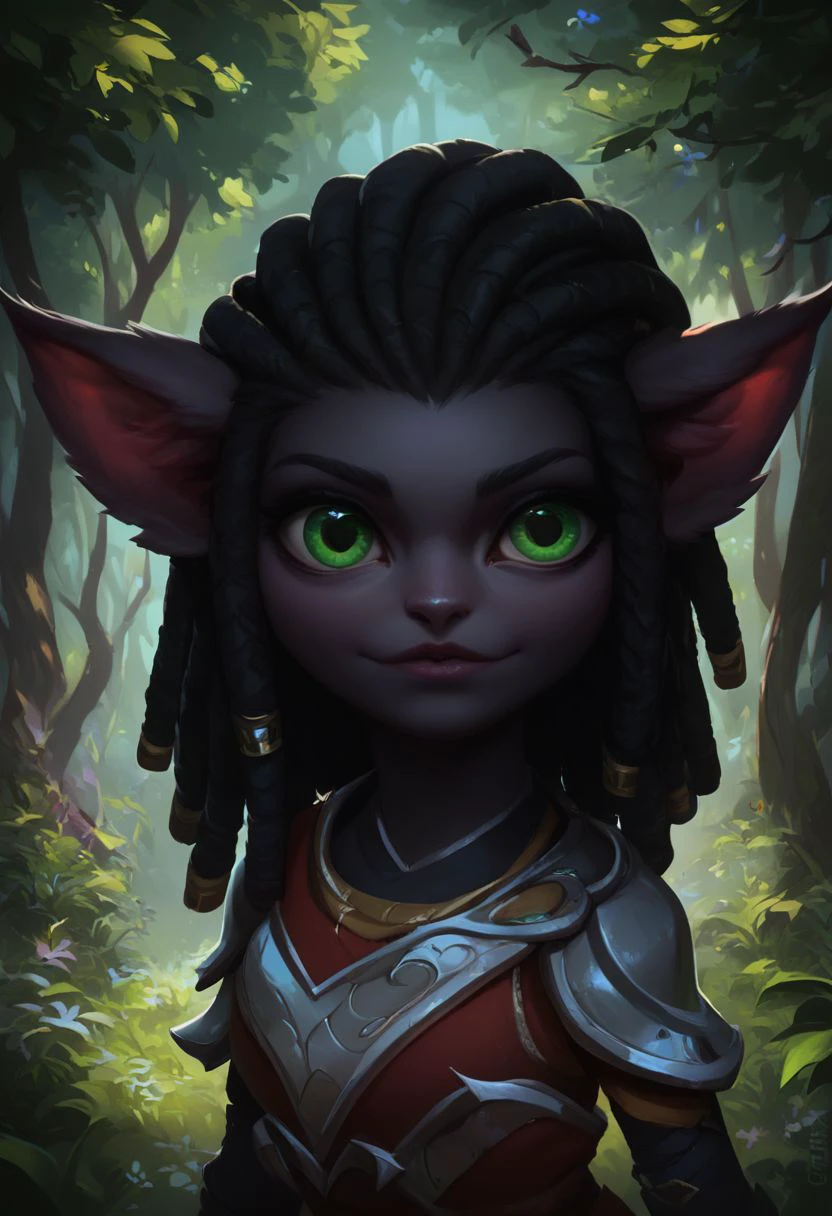 (((beautiful, hyper realistic, high quality))), portrait, score_9, score_8_up, score_7_up, realistic, 
Yordle, short stature, big pointed ears, 1girl, dark fur, green eyes, black dreadlock, Fantasy clothes,
upper body, looking at the viewer, posing, 
forest in the background,