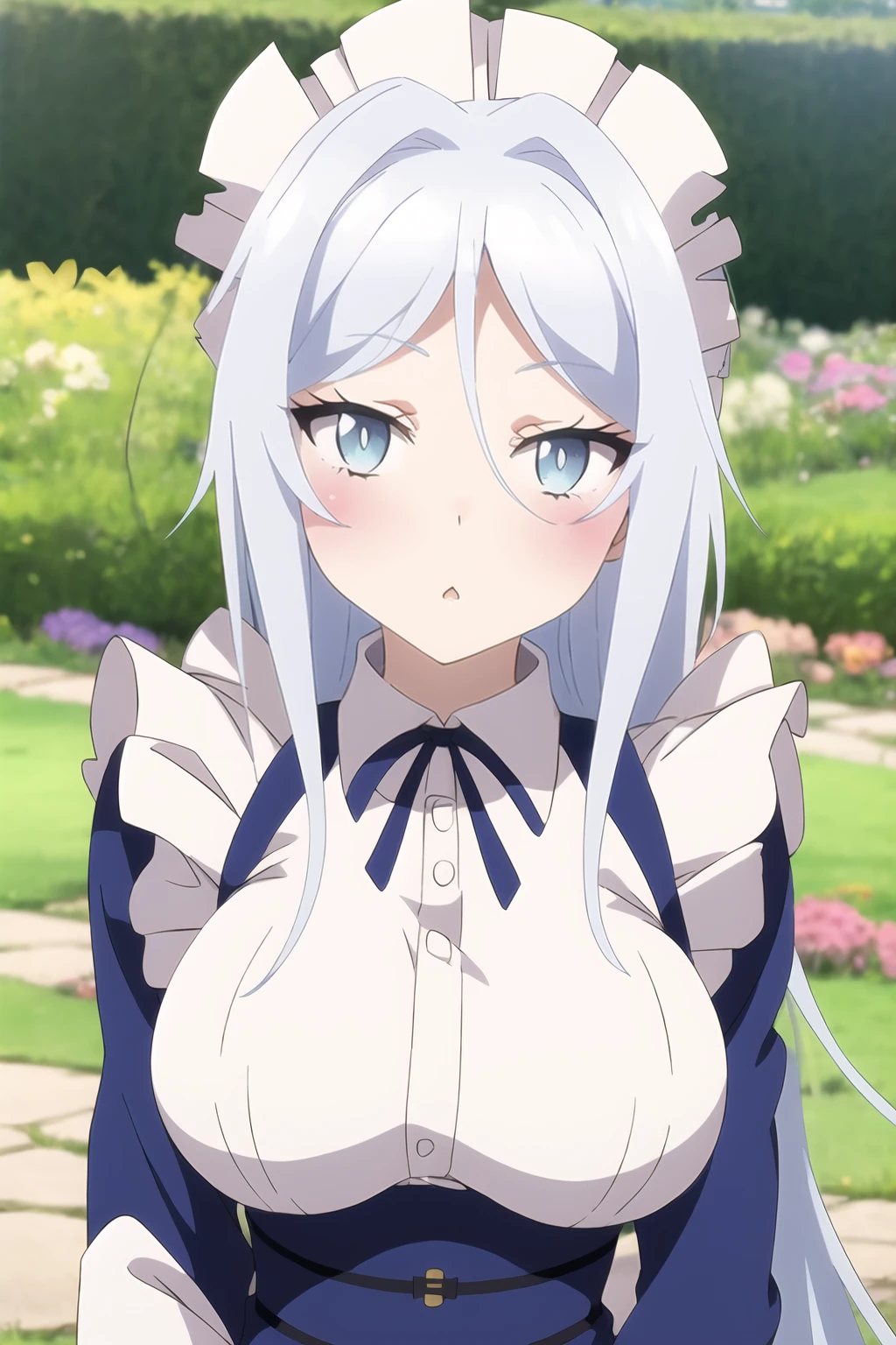 Sylpha, 1girl, solo, long hair, breasts, blush, blue eyes, large breasts, long sleeves, maid headdress, upper body, outdoors, <lora:Sylpha - Dainanaoji T1:0.8>