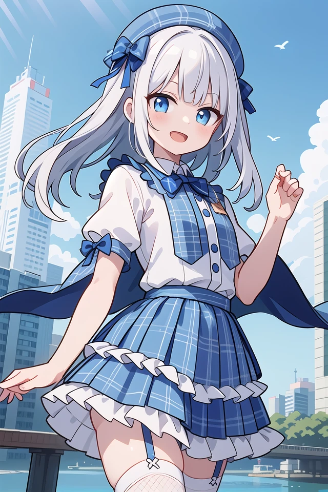 (cleavage:-1.5), insanely detailed, absurdres, ultra-highres, ultra-detailed, best quality,
1girl, solo, nice hands, perfect hands,
BREAK
(gothic drress, Idol costume:1.3), (blue and white theme:1.2), (white blouse:1.4), (white collar, tie:1.3), (open short-cape:1.3), (short sleeve:1.2), (blue tartan-check pattern (ruffle-skirt, multilayer-skirt):1.4), (white basque-beret with ribbon:1.3), (Fishnet stockings:1.3), (glove:1.2), (cleavage:-1.5)
BREAK
happy smile, laugh, open mouth,
standing,own hands together,
cowboy shot,
BREAK
slender, kawaii, perfect symmetrical face, ultra cute girl, ultra cute face, ultra detailed eyes, ultra detailed hair, ultra cute, ultra beautiful,
BREAK
cityscape in tokyo, ultra detailed background, blue sky, bay side, panorama view,
medium breasts, white hair, blue eyes
