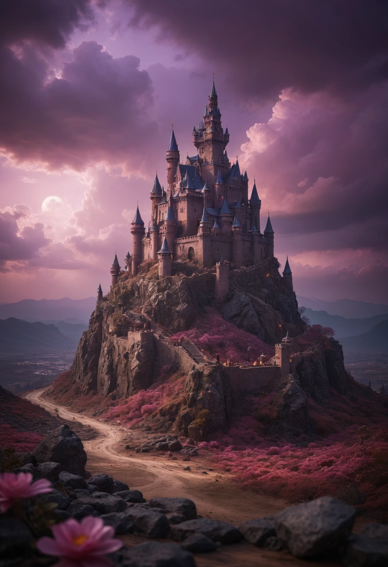 gourmet food photo of the image depicts a castle with a dark and ominous atmosphere, reminiscent of the ukiyo e art style. the castle is situated on rocky terrain and has multiple towers and spires, giving it an imposing presence. the sky is painted in hues of pink and purple, creating a mysterious ambiance. in the foreground, there is a desert landscape, adding to the eerie mood of the scene. overall, the image exudes a sense of foreboding and danger, fitting for a representation of evil in a work of art. . soft natural lighting, macro details, vibrant colors, fresh ingredients, glistening textures, bokeh background, styled plating, wooden tabletop, garnished, tantalizing, editorial quality