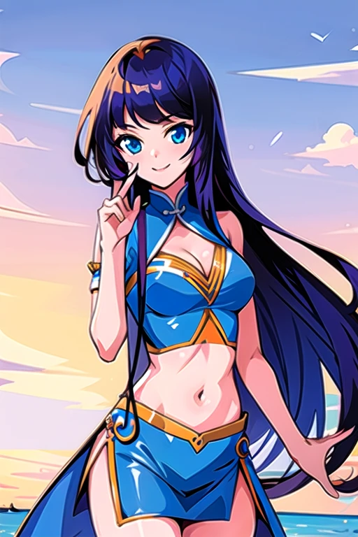 masterpiece, best quality, highres,cowboy shot,xiao_xun'er,small-medium breast,chinese dress,crop top, cleavage,side slit dress,dark blue hair,blue eyes,long hair,smilling,looking at viewer,random pose,  <lora:Xiao_xuner_manga:1>