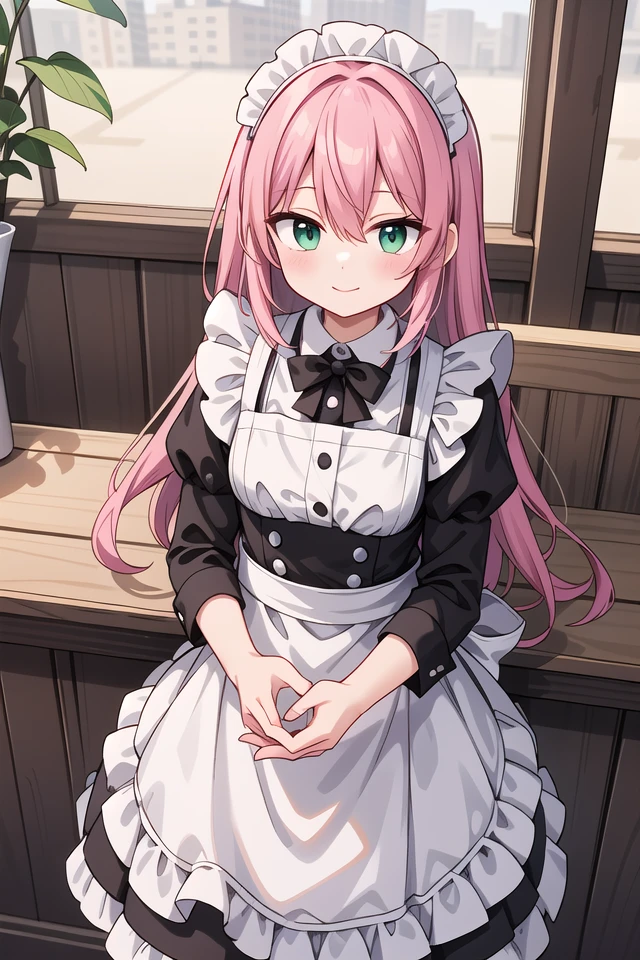 insanely detailed, absurdres, ultra-highres, ultra-detailed, best quality,
1girl, solo, nice hands, perfect hands
BREAK
(cleavage:-1.5),
(classical maid:1.2),
apron, blush, bow, bowtie, frilled apron, frills, long sleeves, maid, maid apron, maid headdress, waist apron, white apron,
(maid costume, maid hair dress:1.3), long skirt
BREAK
happy smile, laugh, closed mouth
BREAK
from above,
standing, cowboy shot, looking at viewer
BREAK
slender, kawaii, perfect symmetrical face, ultra cute girl, ultra cute face, ultra detailed eyes, ultra detailed hair, ultra cute, ultra beautiful
BREAK
in coffee shop, indoors, depth of field, ultra detailed background
BREAK
medium breasts
BREAK
(pink hair, dark green eyes), long hair, hair between eyes