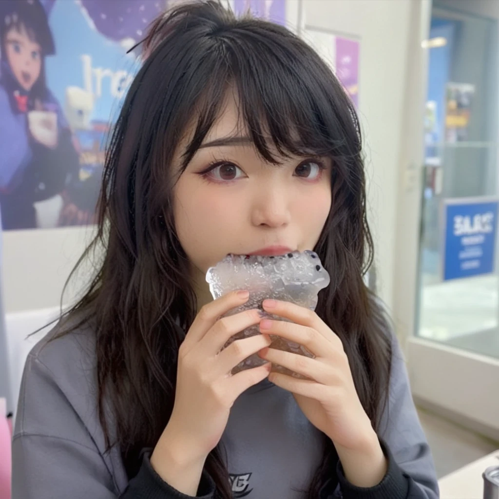 a girl eating a ice, <lora:eatpan:0.8> <lora:emiruxl:0.8> emirulolxl,