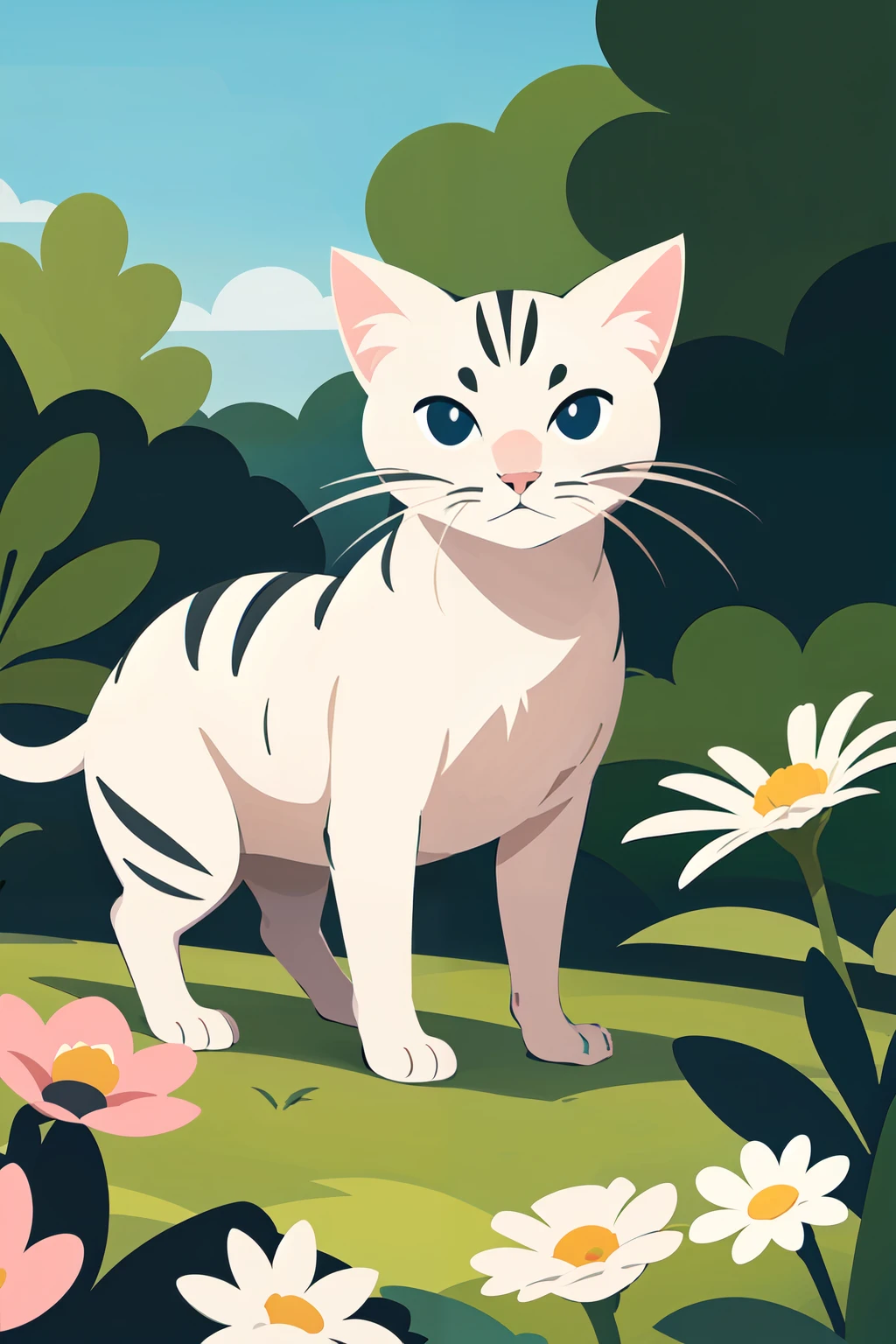 ((masterpiece,best quality)), absurdres,   solo, looking at viewer, full body, flower, outdoors, no humans, animal, cat, grass, plant, white flower, animal focus, whiskers,   <lora:FlatAnime:0.8>,