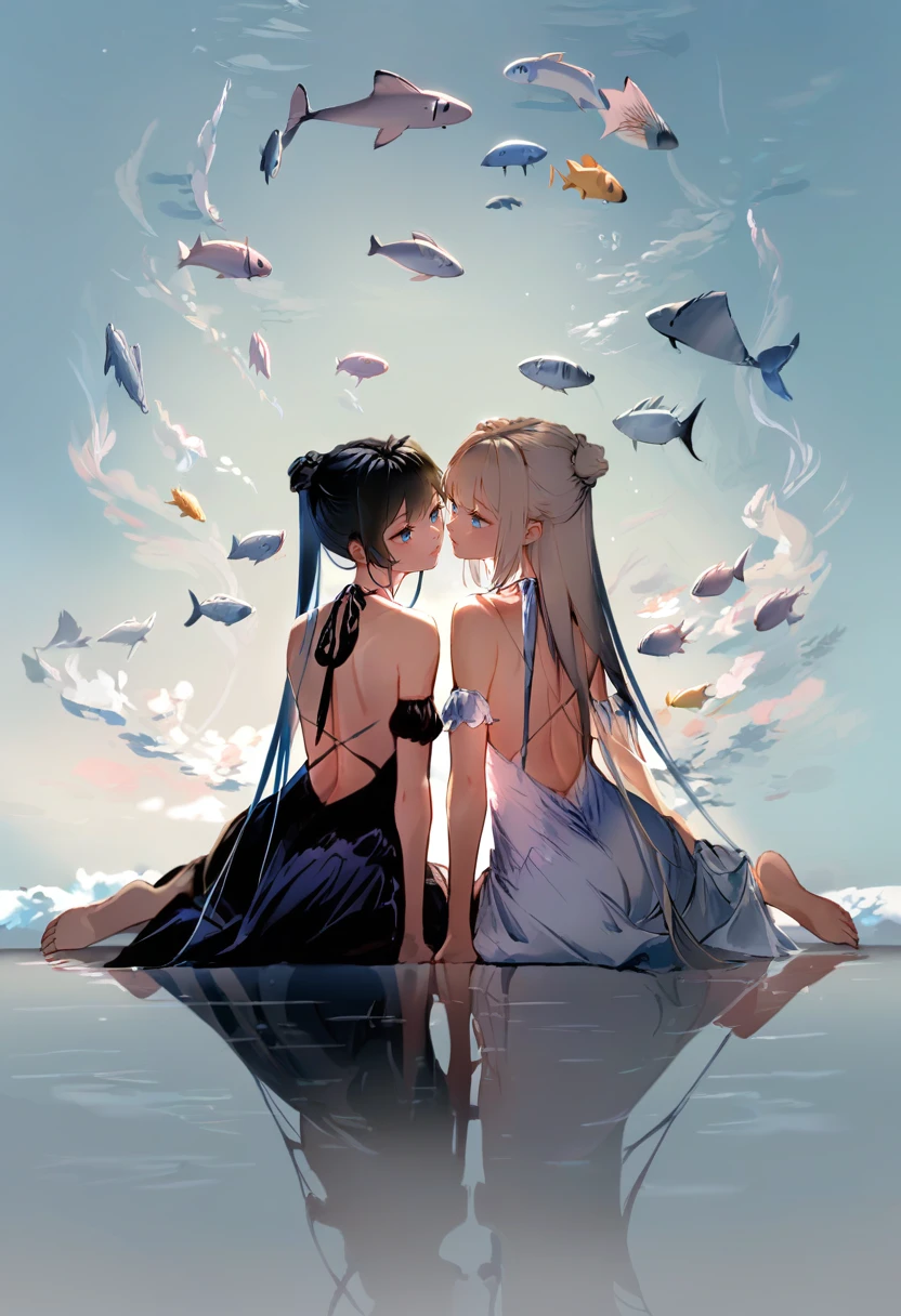score_9, score_8_up, score_7_up, score_6_up, <lora:anmiXL_P6_lokr_V4236:0.95> 2girls, long hair, multiple girls, dress, black hair, hair bun, sitting, backless dress, backless outfit, blue eyes, yuri, black dress, white dress, bare shoulders, very long hair, ponytail, bare back, reflection, double bun, fish, barefoot, scenery, twintails, white hair, water, blonde hair, underwater, from behind