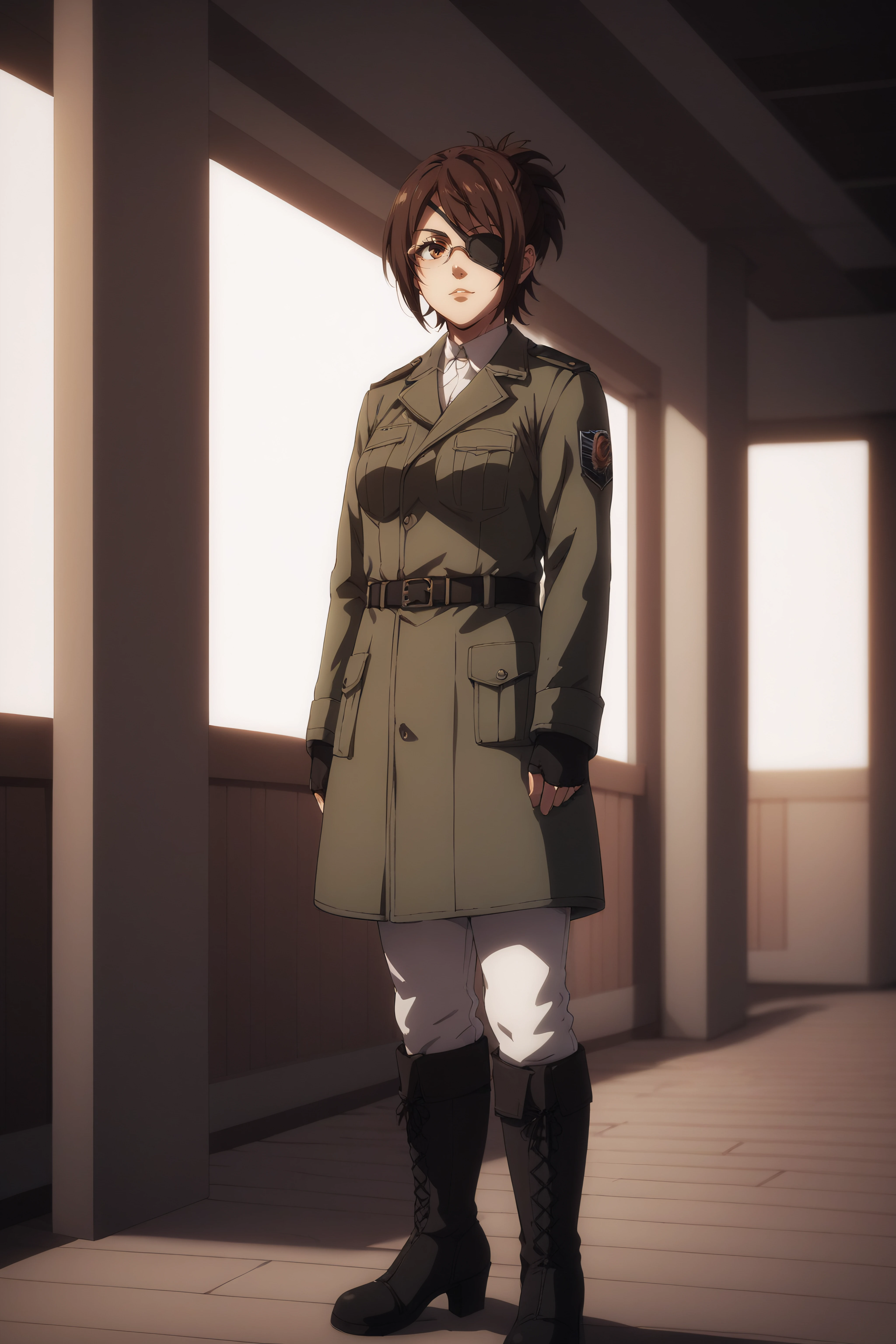 score_9, score_8_up, score_7_up, BREAK source_anime, <lora:hange zoë-PonyXL-lora-Faxtron:0.8> hange, glasses, brown eyes, dark brown hair, medium breasts, eye patch, military overcoat, survey corps \(emblem\), white shirt, white pants, knee boots, standing,