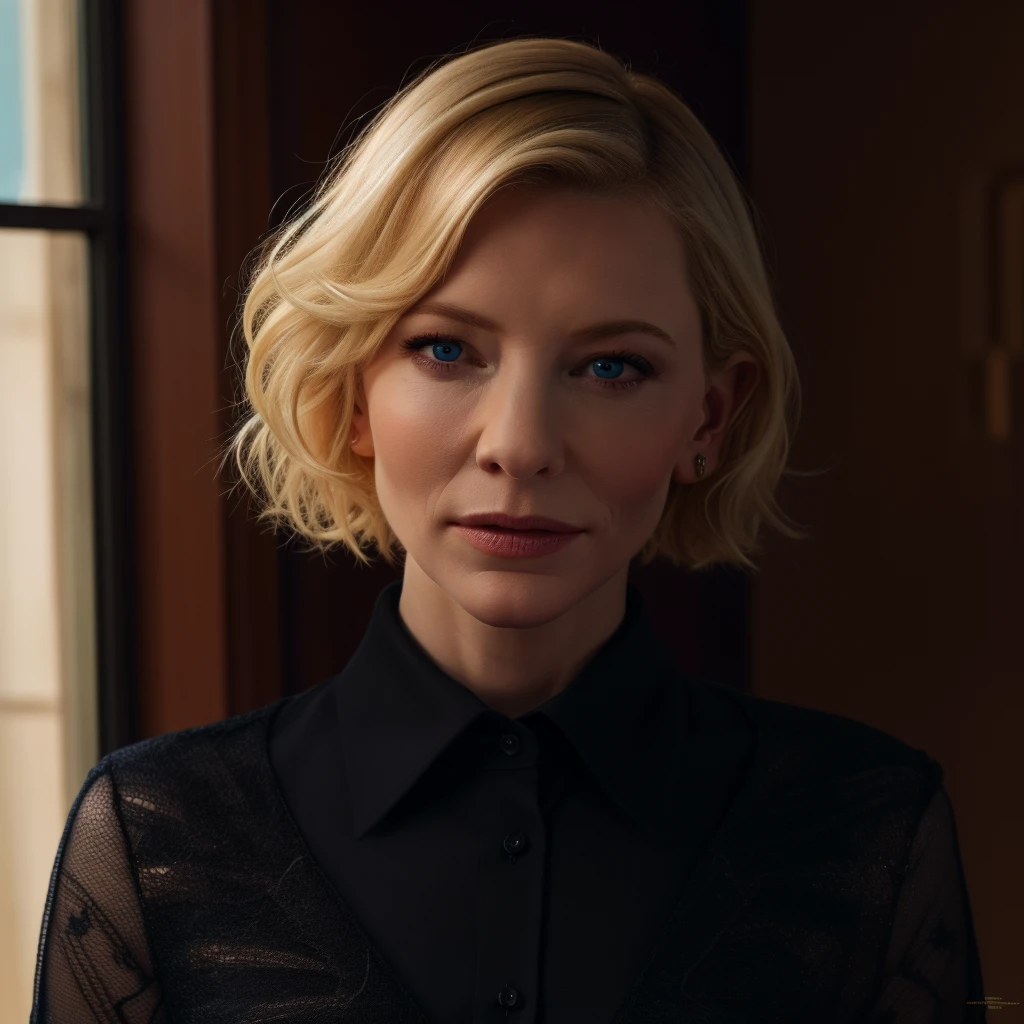 Best_QualityPos, RAW photo, intricate details, best quality, 8k uhd, soft lighting, 1girl, solo, cate blanchett, blue eyes, blonde hair, short hair, black collared shirt <lora:Cate_Blanchett:0.7> <lora:exposure_control_v10:-0.5>