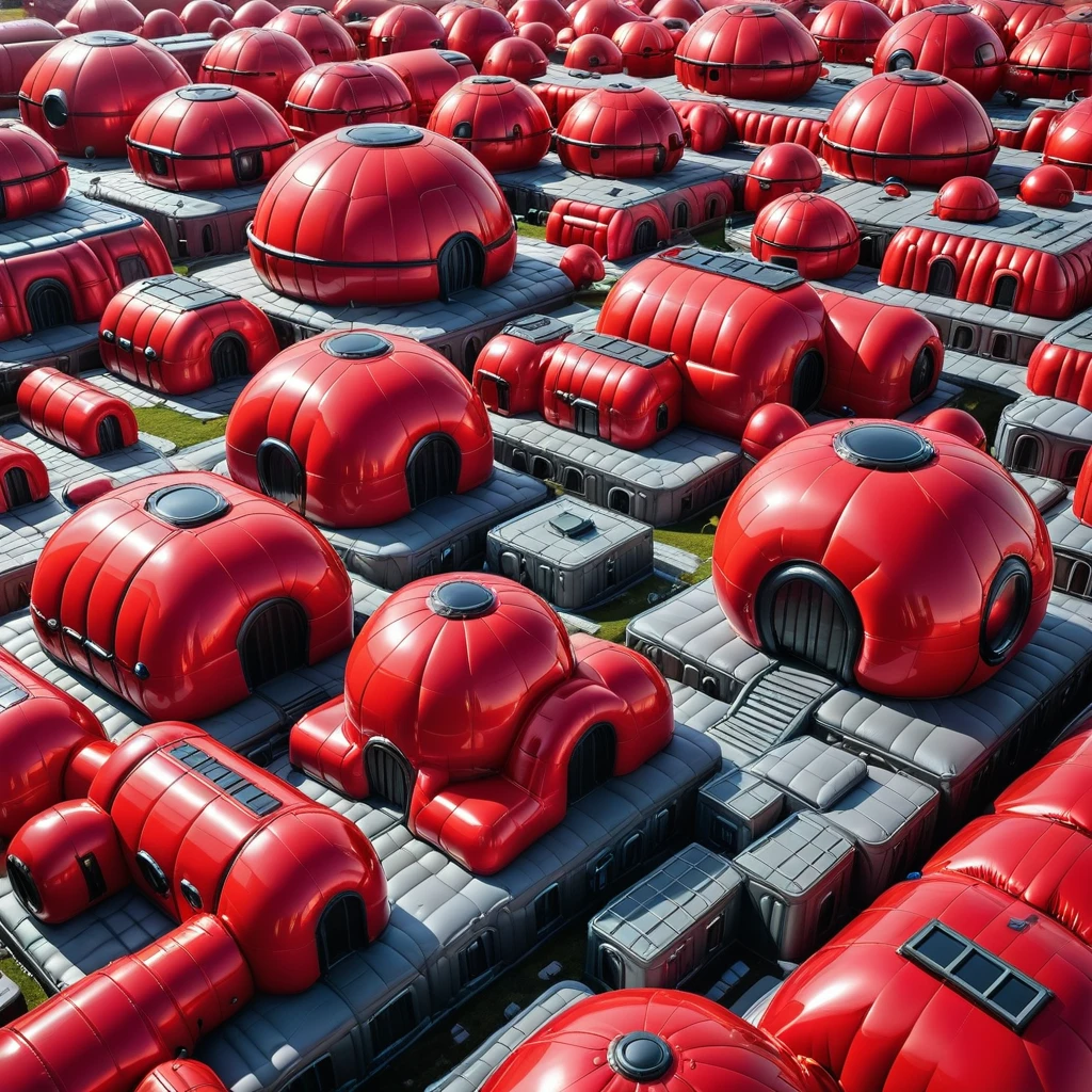 detailed photograph of shnywrld (inflatable:0.5) red scifi landscape and buildings, low angle<lora:shinyworld_2dim:1>