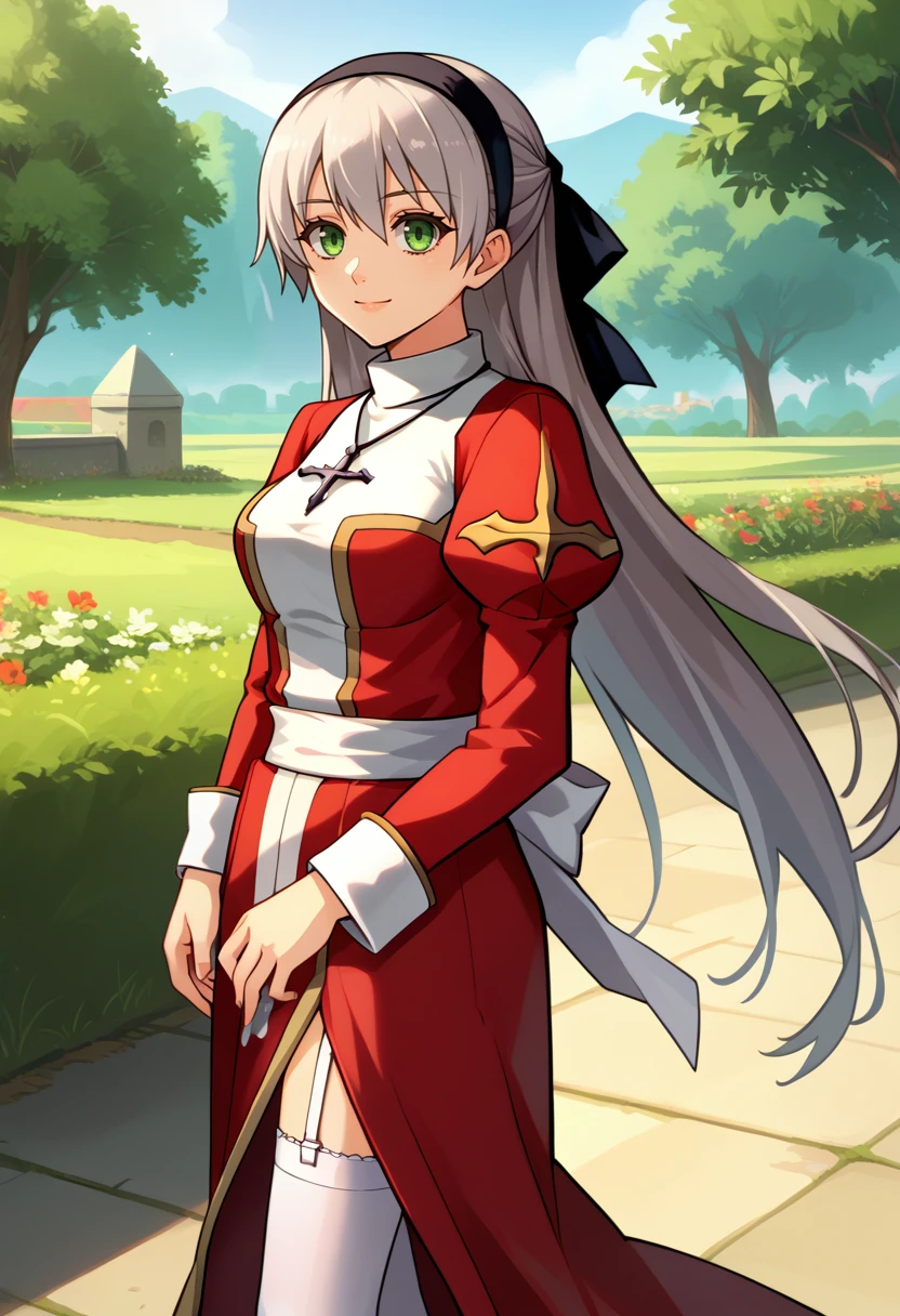 score_9, score_8_up, score_7_up, source_anime, solo, 1girl, zeroElie, smile, looking at viewer, standing, black hairband, hair ribbon, long hair, grey hair, ragnarokhighpr, two-tone dress, red dress, white dress, white sash, long sleeves, puffy sleeves, juliet sleeves, white thighhighs, garter straps, cross necklace, outdoors <lora:attire_ro_highpriest_ponyXL:1> <lora:elie-pdxl-nvwls-v1:0.9>