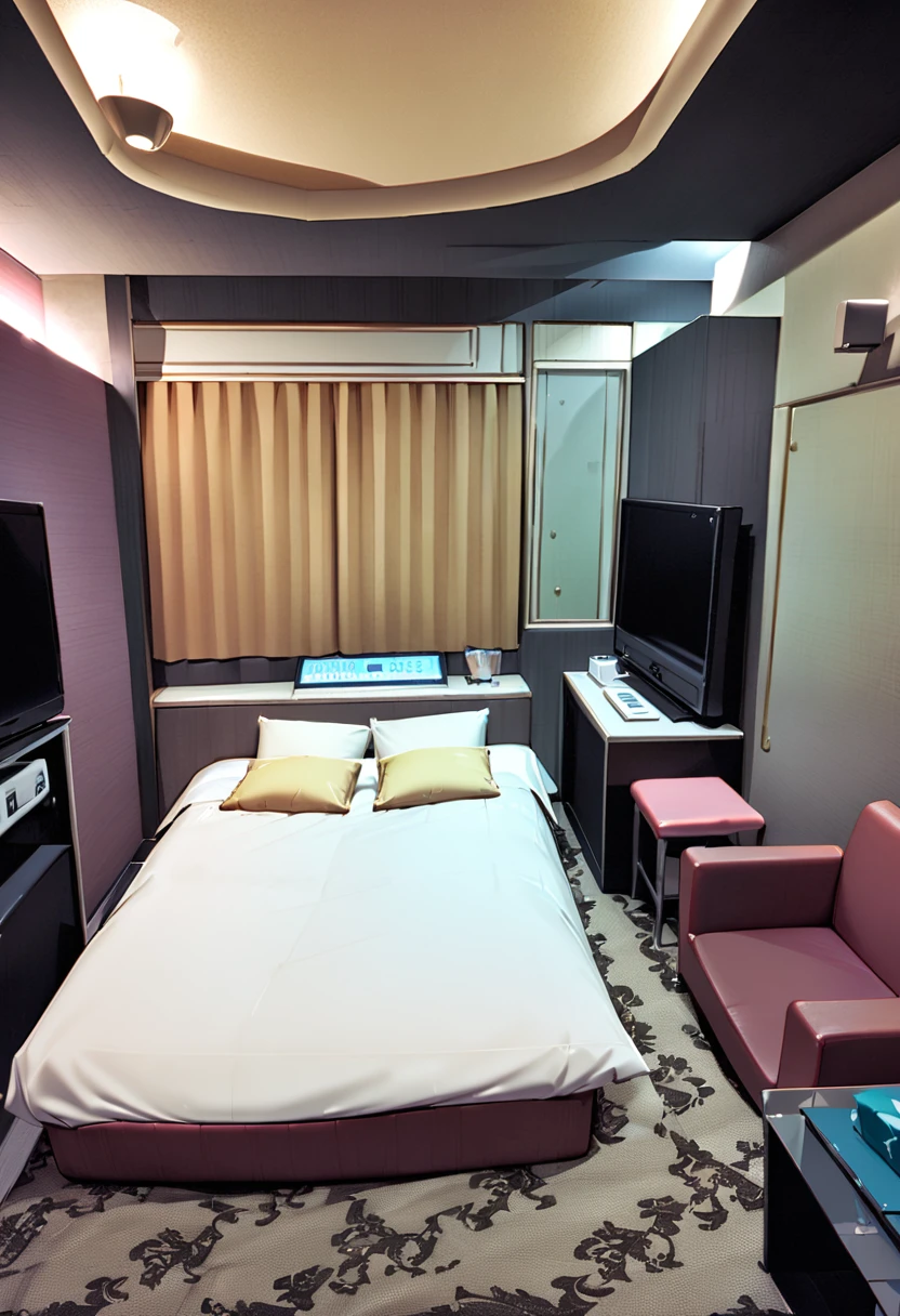 masterpiece, best quality, very aesthetic, absurdres,
lovehotel, LHbedpanel, scenery, bed, indoors, lamp, couch, table, rug, bedroom, television, pillow, phone, tissue box, box, night,
<lora:LOVEHOTEL_SDXL_V4:1>