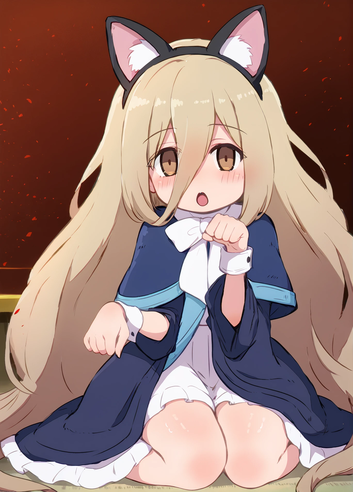 score_9, score_8_up, score_7_up, score_6_up, a girl on the floor, paw pose, fake cat ears, open mouth,
<lora:miyazero_style_pony6_v1-000034:1>, <lora:sense_sousou no frieren_PONY_last:0.8> sense \(sousou no frieren\),brown eyes,very long hair,absurdly long hair,hair between eyes,eyes visible through hair, blue capelet,frilled dress,white long dress