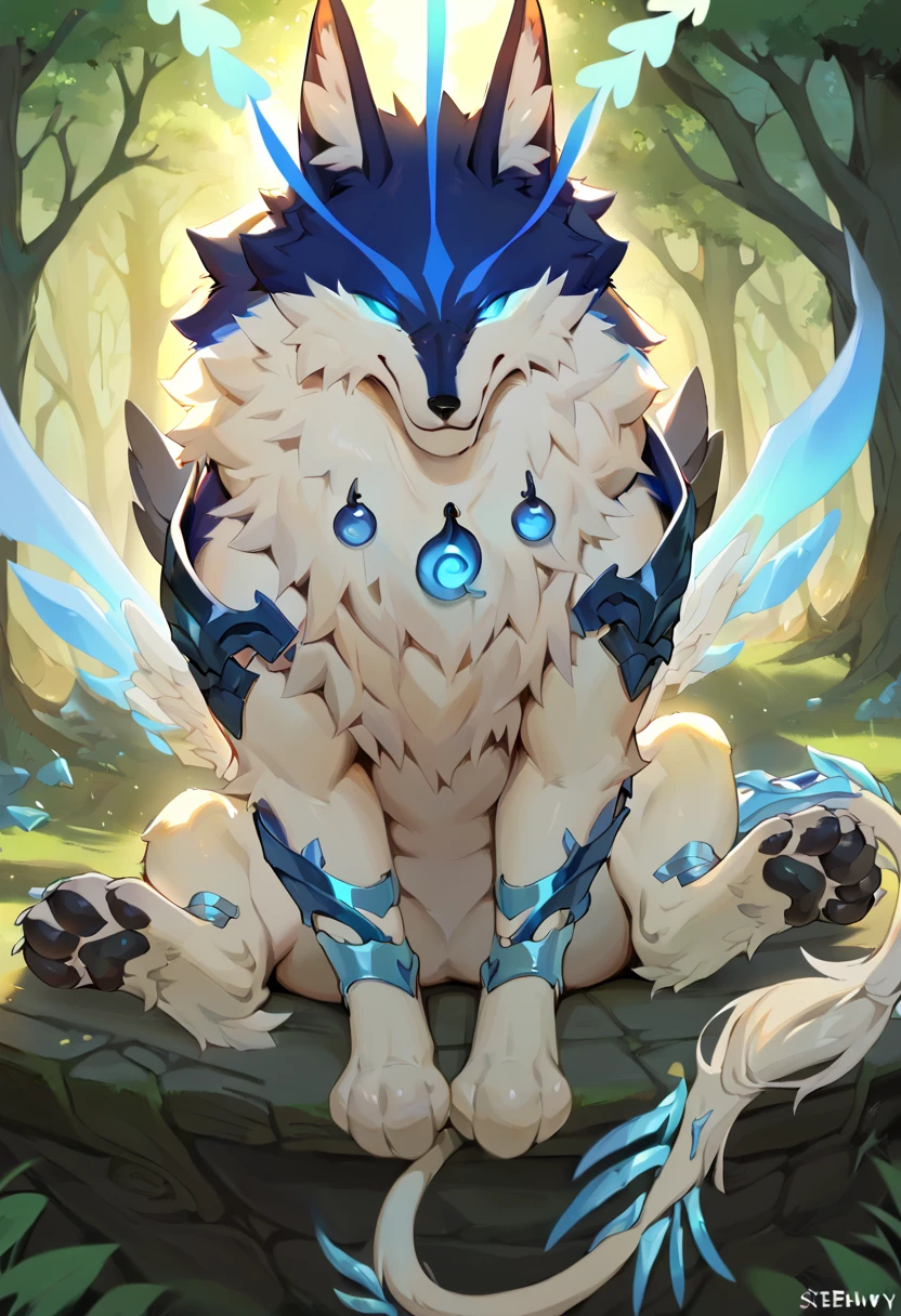 <lora:GI_Andrius_a1_3_PonyXL-000005>,<lora:PDXL_artist_tags_v2:0.8>,score_9,score_8_up,score_7_up,source_furry,feral,andrius,by smewed,(by claweddrip:0.5),solo,hi res,detailed background,forest,
looking at viewer,extreme detail,dynamic lighting,cinematic lighting,detailed eyes,tail,wing trail,multi wing,necklace,shoulder armor,thigh armor,ankle armor,blue eyes,