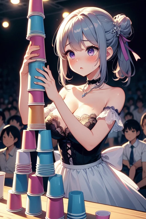 (((masterpiece))), (((best quality))), (((cup stacking))), hands up, holding, table, bare shoulder, strapless, necklace, light purple lace dress, floating hair, hair ornament, ribbon, choker, sweat, parted lips, venue, night, countless crowd, cinematic light, solo, 1girl, black updo, ribbon, cleavage, big tits, sweat, shy, blush, slim figure, <lora:girllikecupstacking:0.8>