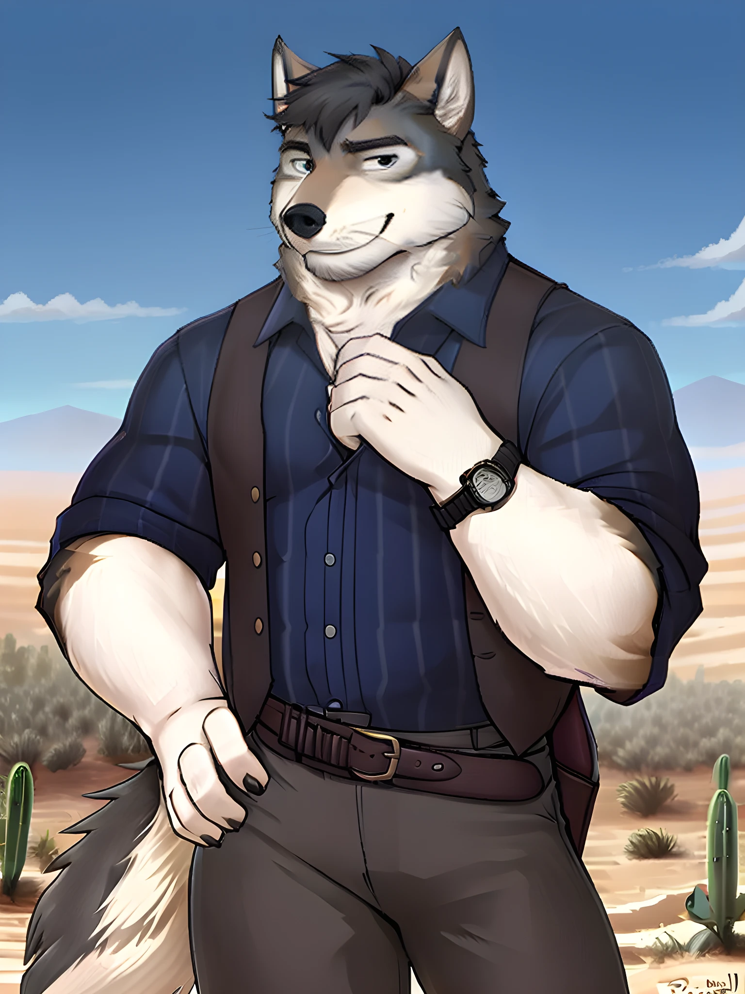 william adler, solo, mature male, bara, muscular male, wolf tail, (pose:1.3), (posing:1.3), (soft shading), 4k, hi res, ((detailed face, detailed eyes, detailed)), (full body), by zackarry911, by zaush, (by personalami:0.5), looking at viewer, shirt, 1boy, white shirt, male focus, thighs, collared shirt, pants, thick thighs, black pants, suspenders, sleeves rolled up, watch, wristwatch, pectoral cleavage, smile, desert, cactus, wristwatch on left hand, arms behind head