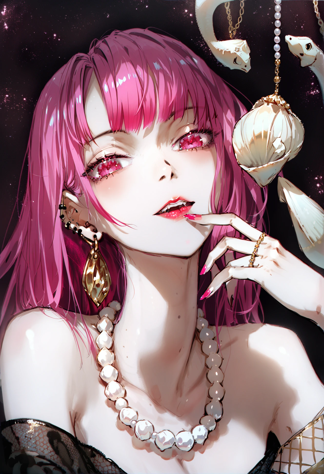 masterpiece, best quality,
1girl,   
solo, pink eyes, pink hair, looking at viewer, earrings, jewelry, parted lips, shell, bangs, long hair, nail polish, pink nails, multicolored hair, èæ¯, pearl necklace, snake, portrait, bracelet, seashell, fingernails, piercing, red eyes, twitter username, lip piercing, necklace, gold trim, red hair, two-tone hair, red lips, bare shoulders, teeth
 <lora:DInoballXLlokr8f-000185:0.95>