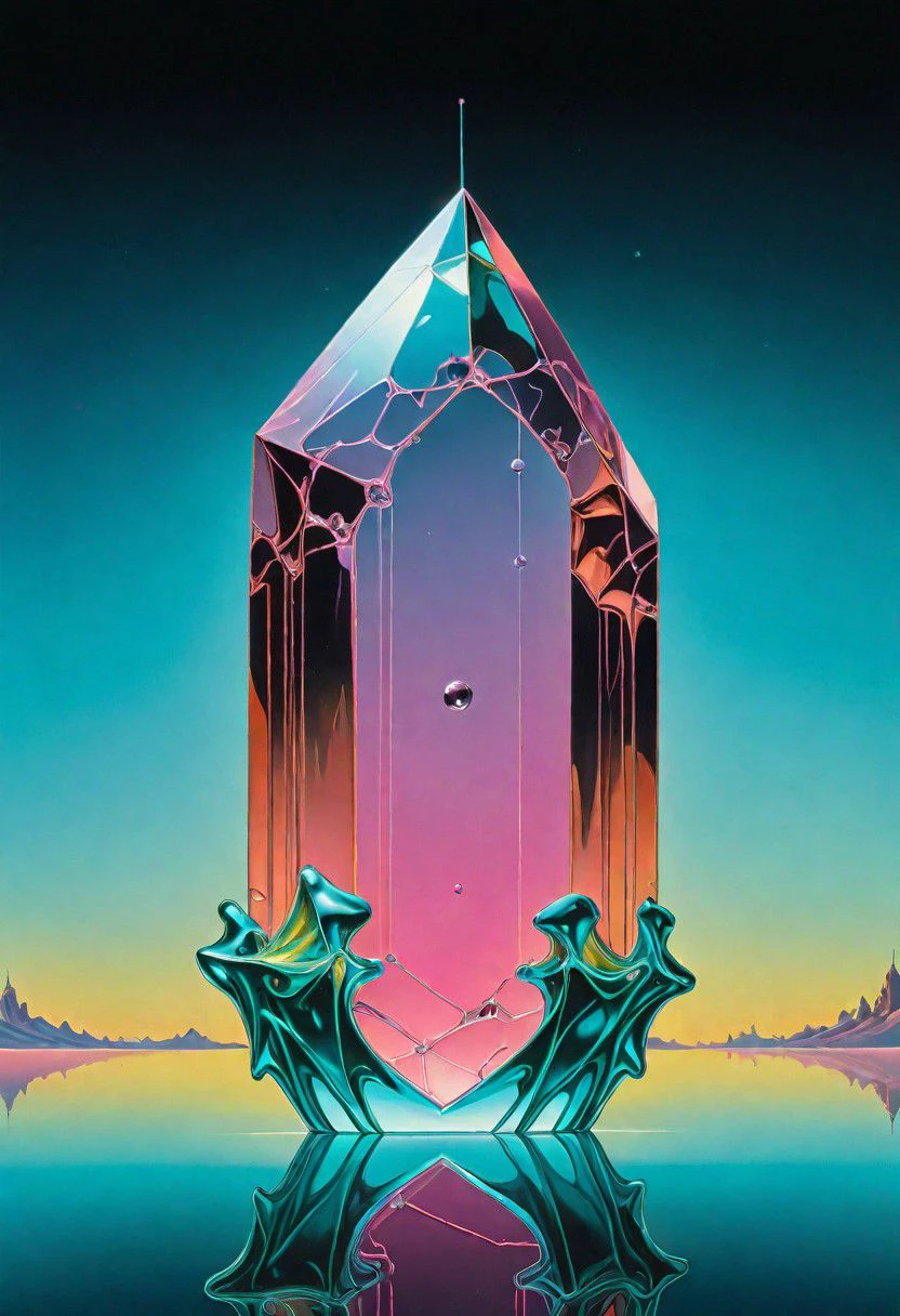 a detailed painting of a neon-transparent ancient crystal by Salvador Dal. flawless, solid, clean brushstrokes, high quality, cosmic. flowing, organic and flawless conscious liquid crystal, beautiful, surreal, unbelievable, prolific, fine detail, uhd 8k