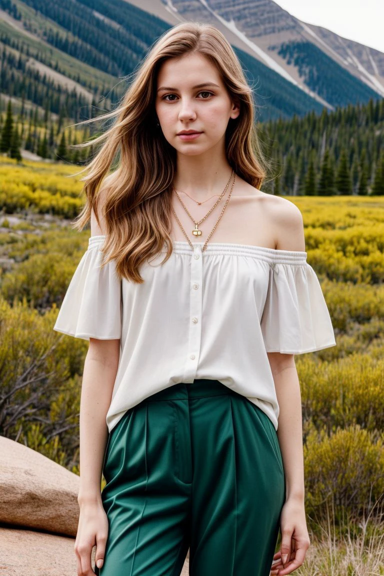 European woman, closeup, (shirt), pants, (rocky mountain national park), cross necklace , ZM_nathalie , wide shoulders, perfect face, (contact iris: 1.1), pale skin, skin pores , depth of field