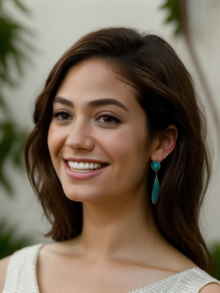 Realistic photo of a beautiful 3mmyr woman,1girl, solo, long hair, smile, brown hair, dress, brown eyes, jewelry, sitting, earrings, teeth, mole, grin, realistic, soft lighting, professional Photography, Photorealistic, detailed, RAW, analog, sharp focus, 8k, HD, DSLR, high quality, Fujifilm XT3, film grain, award winning, masterpiece<lora:3mmyr:1.0>