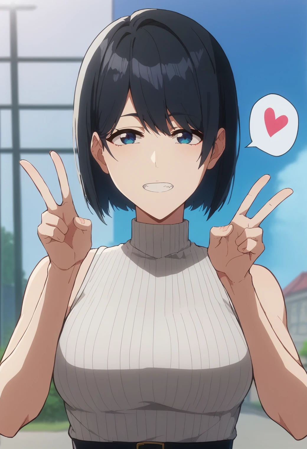 score_9, score_8_up, score_7_up,  source_anime, BREAK, 1girl,solo,   <lora:BleachTYBWstyle:1>, bob cut, spoken heart, black hair, smile, ,upper body, sleeveless, cropped sweater, v pose, looking at viewer,