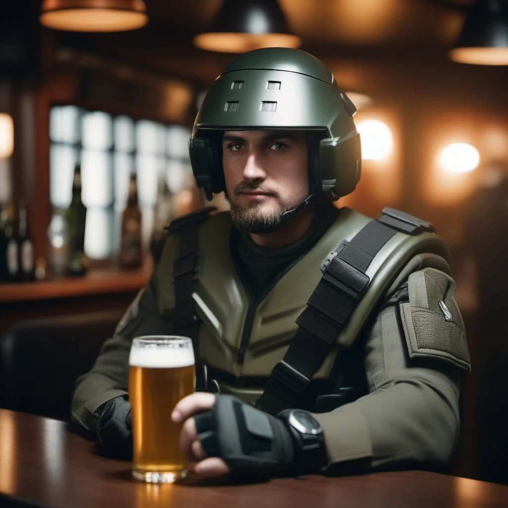 cinematic photo a man with a army suit and a helmet having a beer in a pub, text ''I'm doing my part'' <lora:StarshipTroopers1024:0.8> . 35mm photograph, film, bokeh, professional, 4k, highly detailed