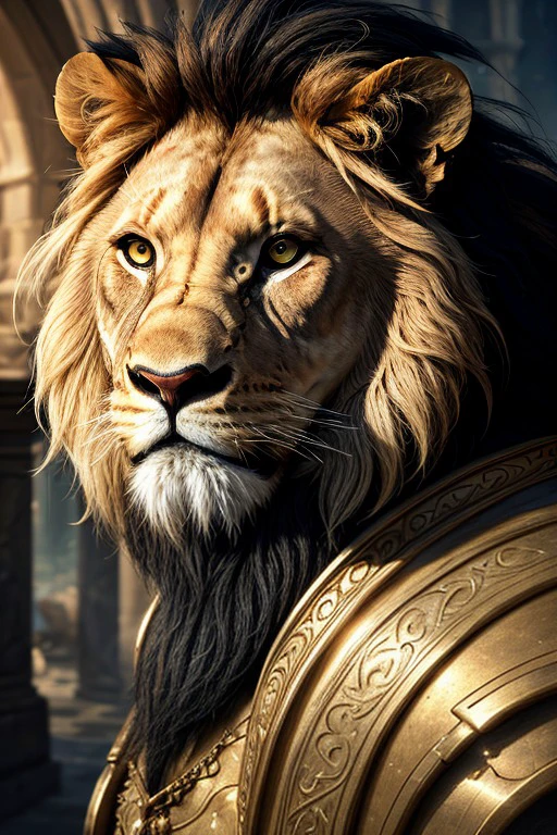  Leonin+++, dark mane, highly detailed, real shadow, masterpiece, active, fine details, colorful, active background, splash art, contrast, expansive palette, bloom---, bokeh-, hypperealistic, depth of field, high fidelity, masterpiece, tunic, high quality eyes, Lion's head