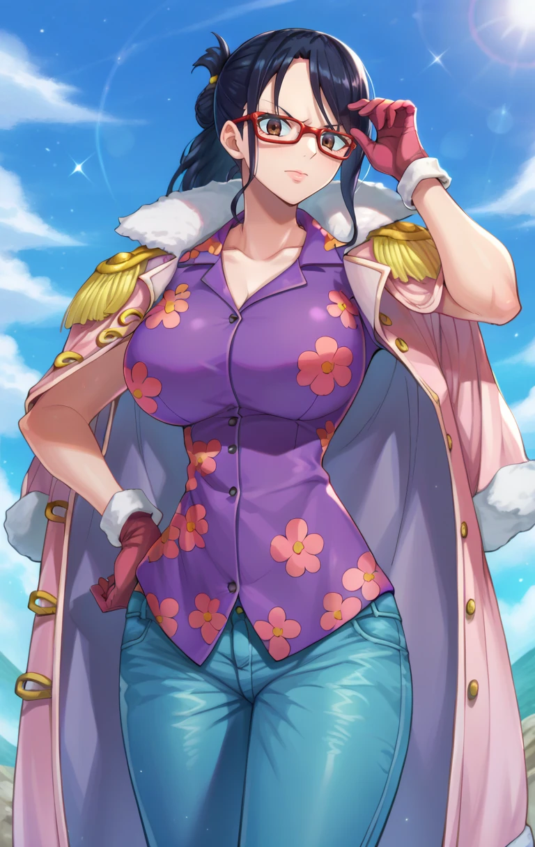 (masterpiece, best quality) tashigi, black eyes, folded ponytail, glasses, pink coat, coat on shoulders, purple shirt, blue pants, upper body, looking at viewer, thick thighs, big hip, big tits, serious,NSFW.