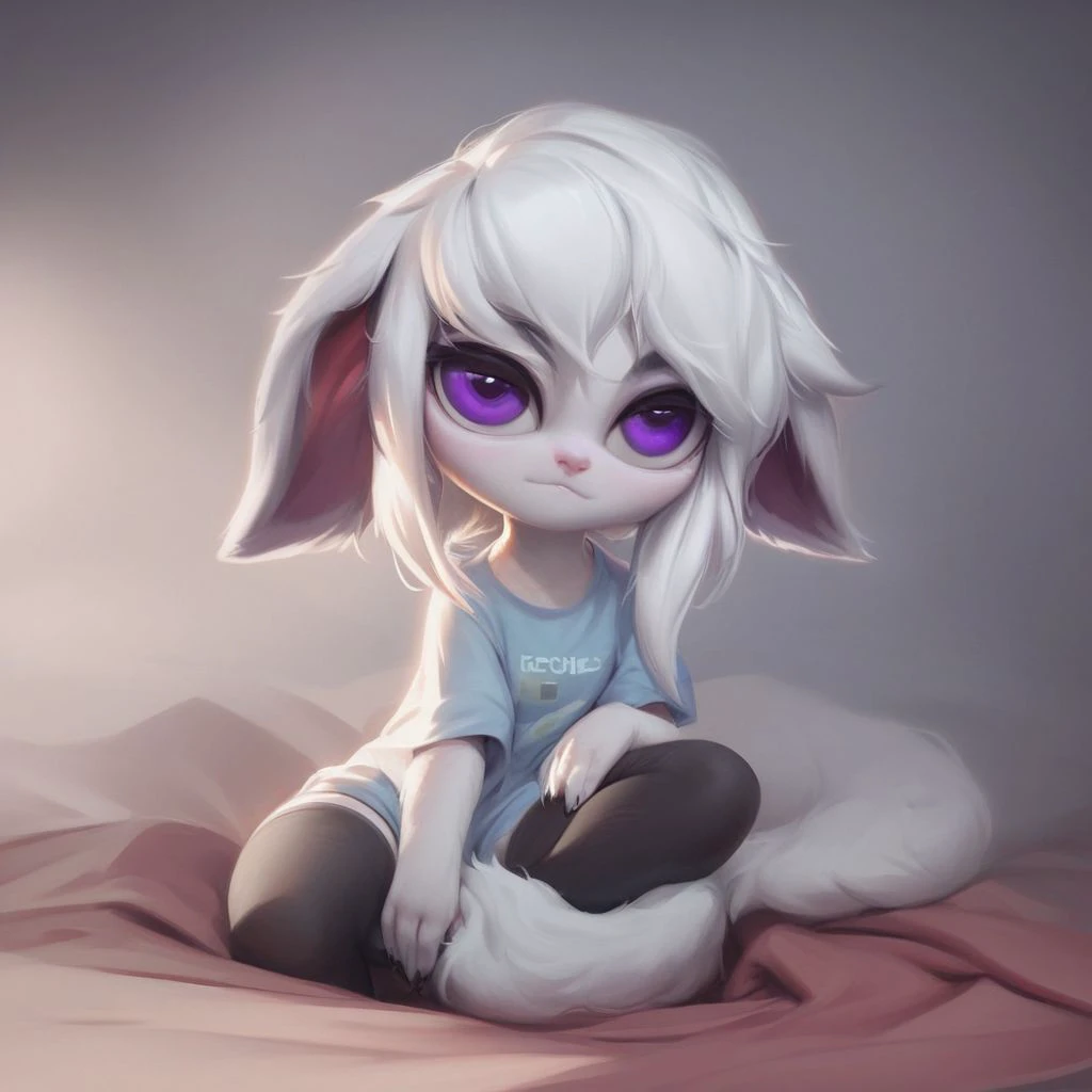 (((beautiful, hyper realistic, high quality))), score_9, score_8_up, score_7_up, realistic, portrait, Sitting on the couch,
Yordle, short stature, big pointed ears, 1girl, White fur, purple eyes, black baggy T-shirt, black stockings,
looking at the viewer, inroom background,