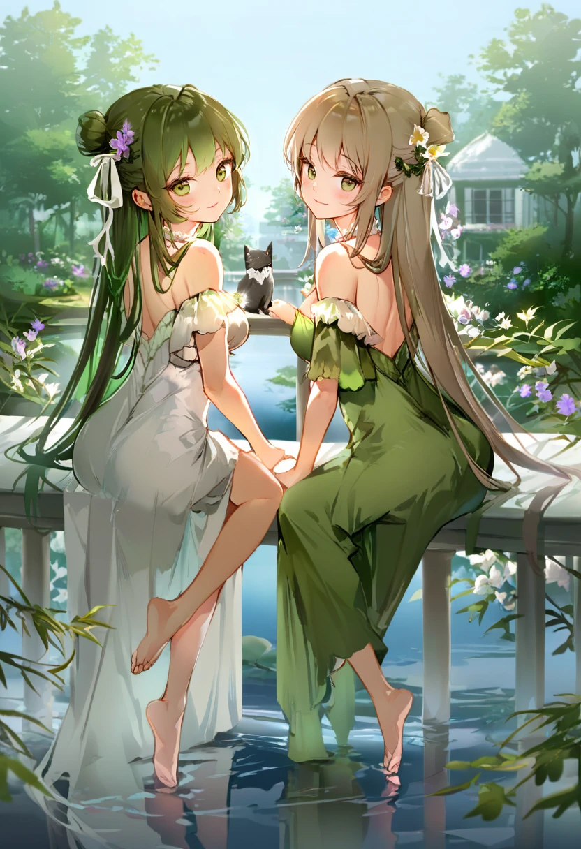 score_9, score_8_up, score_7_up, score_6_up, <lora:anmiXL_P6_lokr_V4236:0.95> multiple girls, 2girls, dress, flower, long hair, hair ornament, barefoot, green eyes, looking at viewer, hair flower, sitting, white dress, hair bun, outdoors, smile, very long hair, water, day, looking back, brown eyes, ribbon, black hair, tree, bare shoulders, off-shoulder dress, closed mouth, brown hair, wariza, hair ribbon, single side bun, purple flower, blush, choker, cat, white flower, parted lips, breasts, from behind, white ribbon, building, green hair, hair intakes, pond, railing, jewelry, green dress, single hair bun, off shoulder