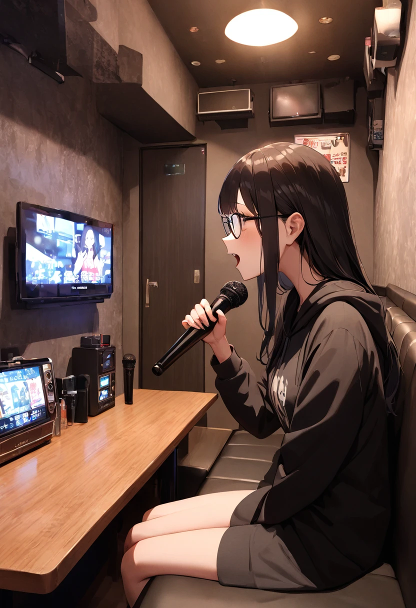 masterpiece, best quality, very aesthetic, absurdres,
1girl, solo, glasses, black hair, long hair, black hoodie, singing, holding microphone, karaoke, sitting, looking at another, upper body,
karaokeroom, scenery, table, door, indoors, couch, television,joypad, microphone,
<lora:karaokeroom_SDXL_V1:1>