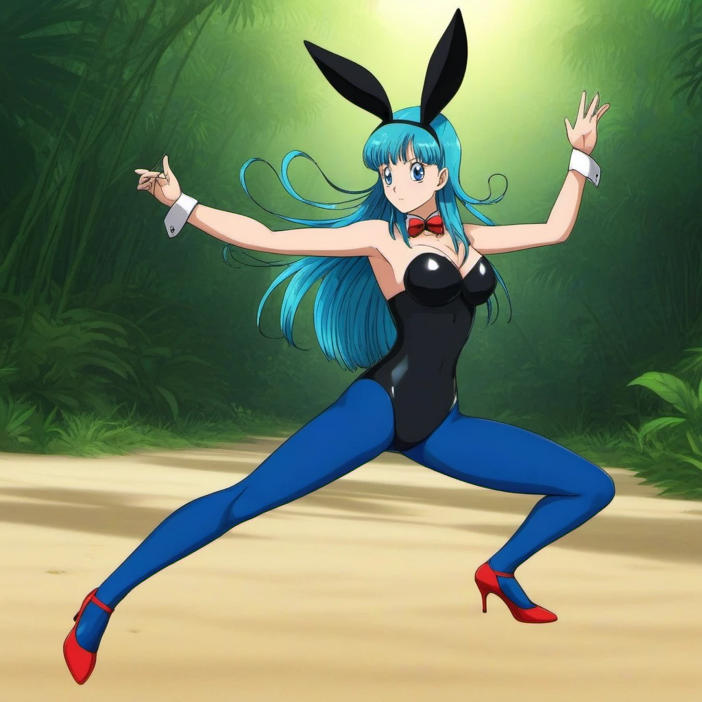 anime artwork a woman with blue hair and black bunnyhears wears a black corset  and blue tights and red highheels and a bunnytail, beach, jungle  <lora:Bulma1024:0.8> . anime style, key visual, vibrant, studio anime,  highly detailed