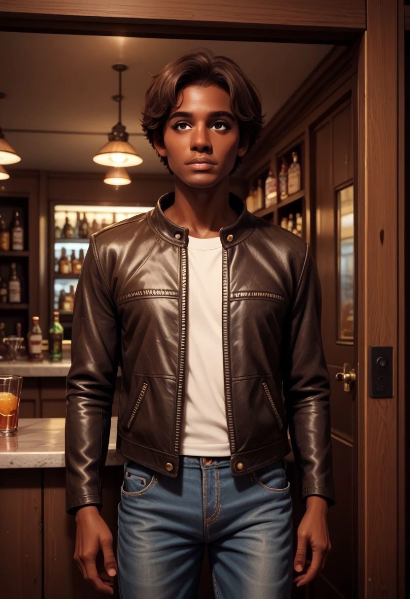 vintage americana, 1boy, male focus, leather jacket, bar (place), television,  denim pants, portrait, reflection, short hair, brown eyes, dark skin, dark skinned male, brown hair,  door, shirt, PonyXLV6_Scores zPDXL