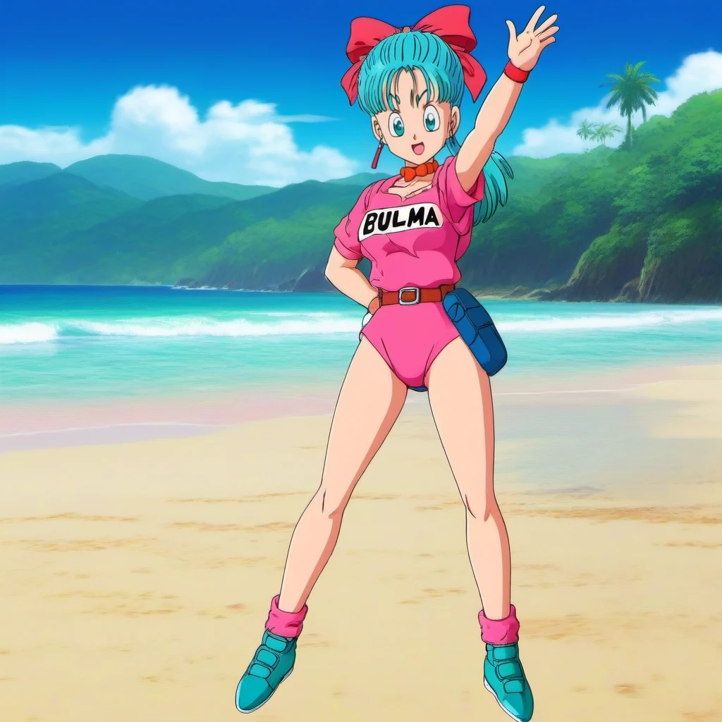 anime artwork a full body woman with blue hair in a pink outfit, text ''BULMA'', text ''99'', beach jungle <lora:Bulma1024:0.8> . anime style, key visual, vibrant, studio anime,  highly detailed