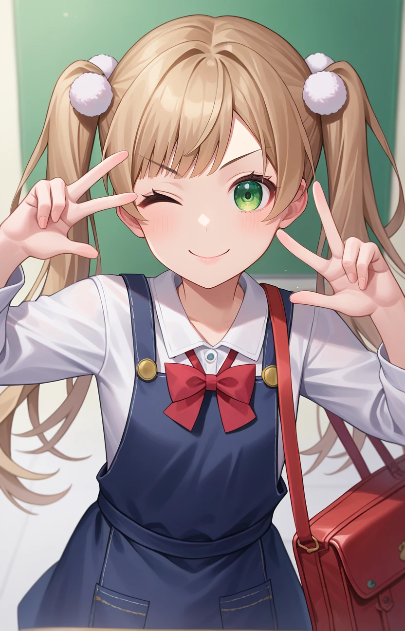 <lora:w_over_head_XL_v1_wasabiya:1>, score_7_up, anime, w over eye, 1girl, solo, green eyes, light brown hair, long hair, twintails, looking at viewer, one eye closed, v-shaped eyebrows, smile, long sleeves, pinafore dress, red bowtie, white shirt, pom pom hair ornament, hands up, crime prevention buzzer, red bag, depth of field