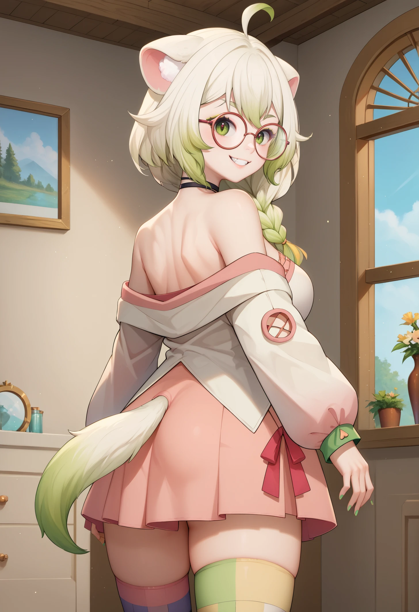 score_9, score_8_up, score_7_up, BREAK 1girl, solo, LaimuVT, green eyes, animal ears, tail, multicolored hair, medium hair, single braid, breasts, <lora:LaimuPDXL_V1-Manityro-CAME:1.0>, indoors,
looking at viewer, smile, looking back, round glasses, light green nails, rear view, straps,
choker, white jacket, off shoulder, striped thighhighs, asymmetrical legwear, mismatched legwear, animal ear legwear,