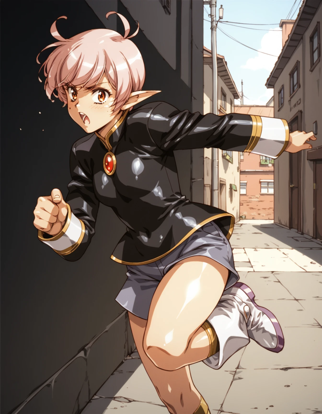 score_9,  score_8_up, score_7_up <lora:tippi-ponyxl-000025:1> tippi, juliet sleeves, black shirt, shorts, boot,
1girl, kicking, alley