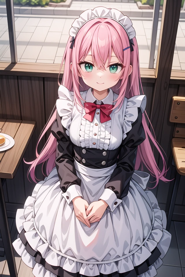insanely detailed, absurdres, ultra-highres, ultra-detailed, best quality,
1girl, solo, nice hands, perfect hands
BREAK
(cleavage:-1.5),
(classical maid:1.2),
apron, blush, bow, bowtie, frilled apron, frills, long sleeves, maid, maid apron, maid headdress, waist apron, white apron,
(maid costume, maid hair dress:1.3), long skirt
BREAK
happy smile, laugh, closed mouth
BREAK
from above,
standing, cowboy shot, looking at viewer
BREAK
slender, kawaii, perfect symmetrical face, ultra cute girl, ultra cute face, ultra detailed eyes, ultra detailed hair, ultra cute, ultra beautiful
BREAK
in coffee shop, indoors, depth of field, ultra detailed background
BREAK
medium breasts
BREAK
(pink hair, dark green eyes), long hair, hair between eyes